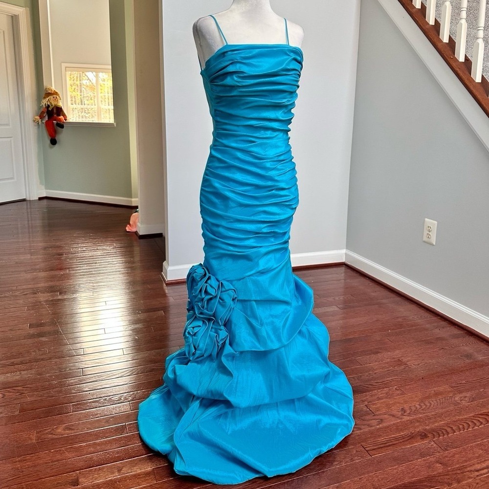 Vintage Let's Fashion Blue Layered Rouched‎ Mermaid Gown Formal Dress Size XS